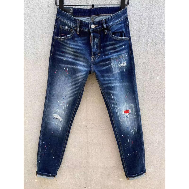2024春秋新款D2男装036牛仔裤时尚修身水洗 破油漆泼墨微弹小脚裤