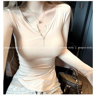 纯欲风初春百搭舒适好弹力t恤女修身显瘦甜辣长袖上衣打底衫