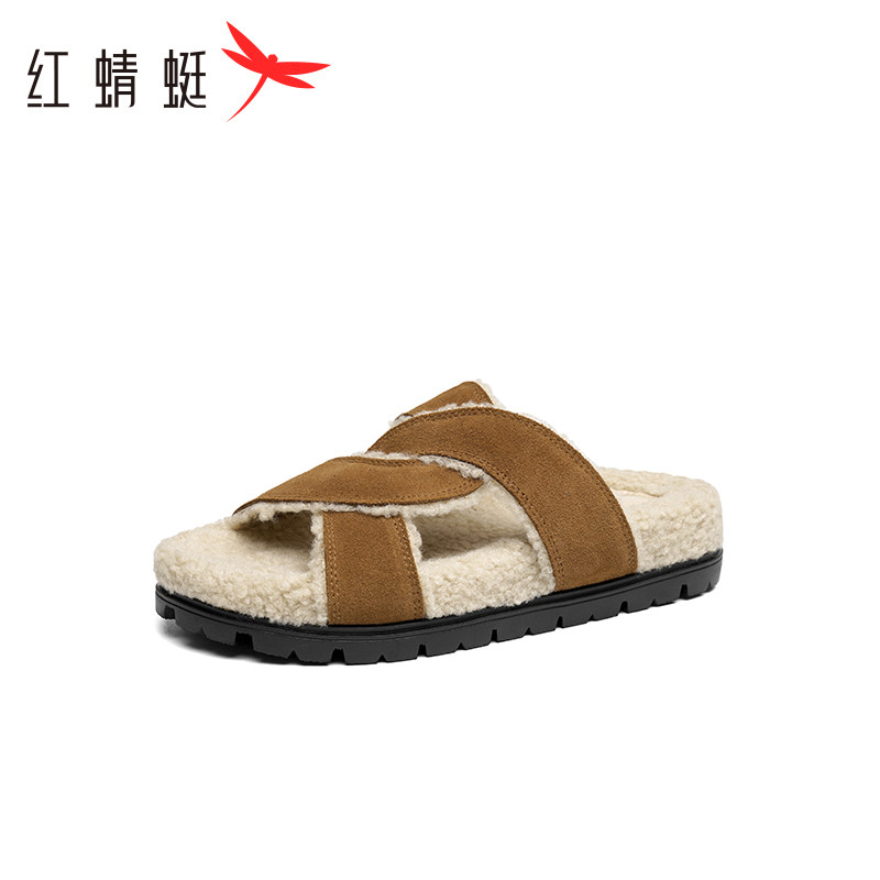 REDDRAGONFLY/红蜻蜓女士简约时尚柔软舒适厚底毛毛拖鞋WTC33101