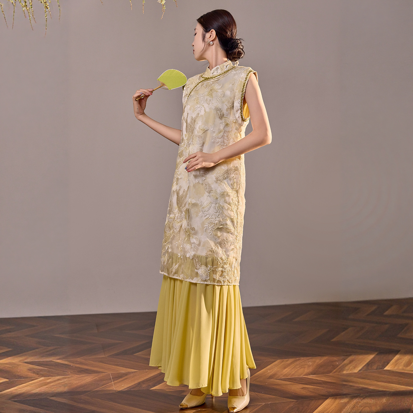 【烁玉流金】新中式国风刺绣假两件直筒连衣裙立领改良款旗袍长裙