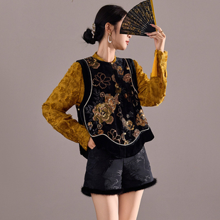 弥蝶 老钱风新中式真丝撞布设计感轻奢黑金珠片刺绣气质马甲上衣