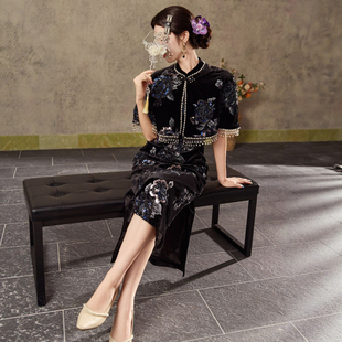 弥蝶 原创款新中式套装民国风刺绣丝绒旗袍裙+高级感流苏披肩云肩