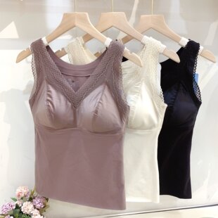 法式 羽绒蛋白缎面保暖背心女秋冬带胸垫磨毛薄绒内搭吊带免穿文胸