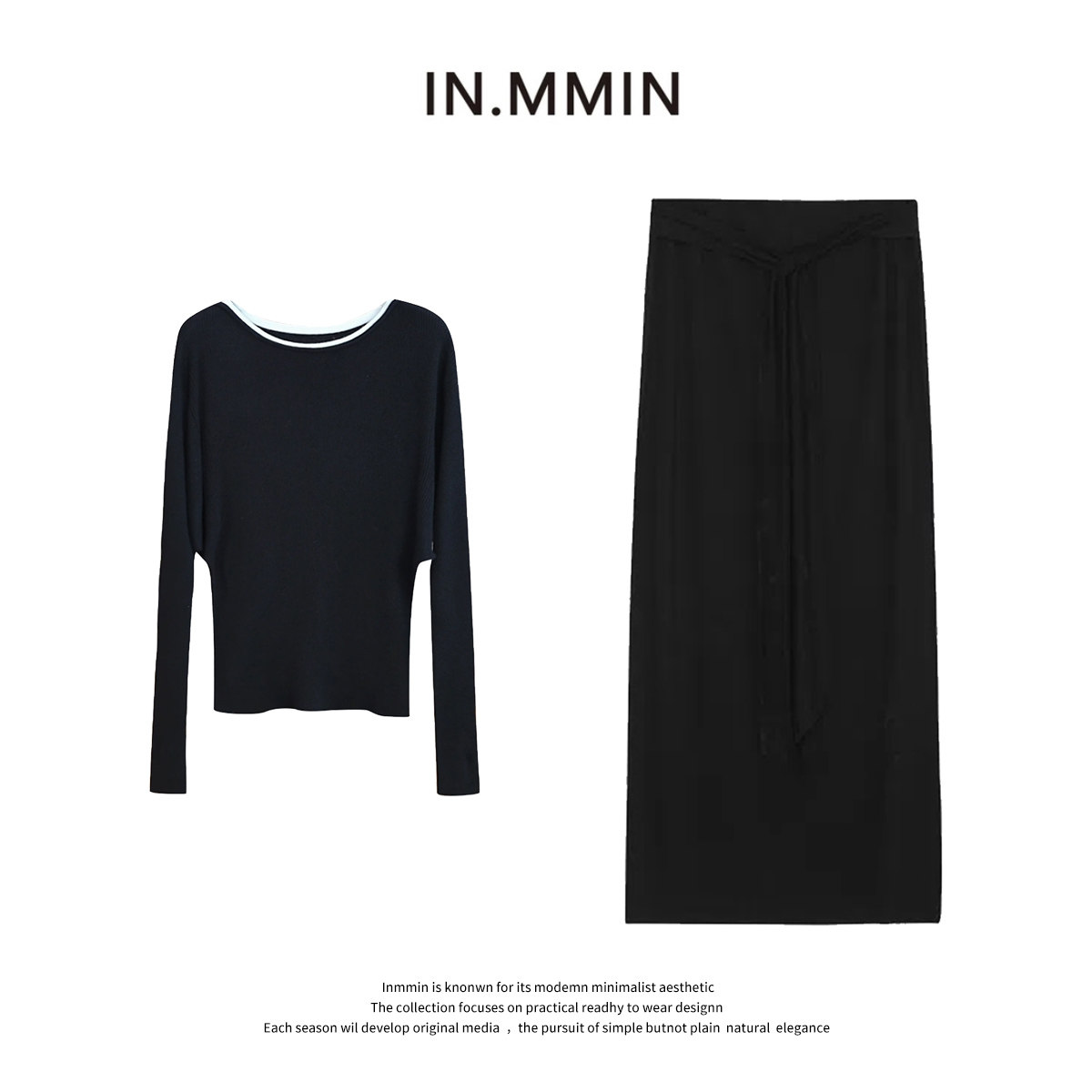 INMMIN 羊毛蝙蝠袖黑白撞时尚套装