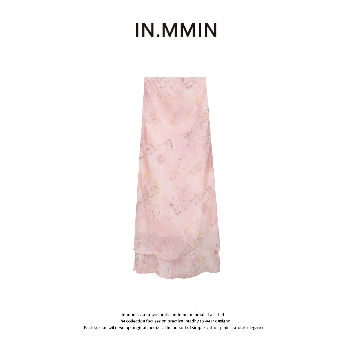INMMIN 韩版印花时尚浪漫风粉色花卉半身裙显瘦半身裙-bq5175