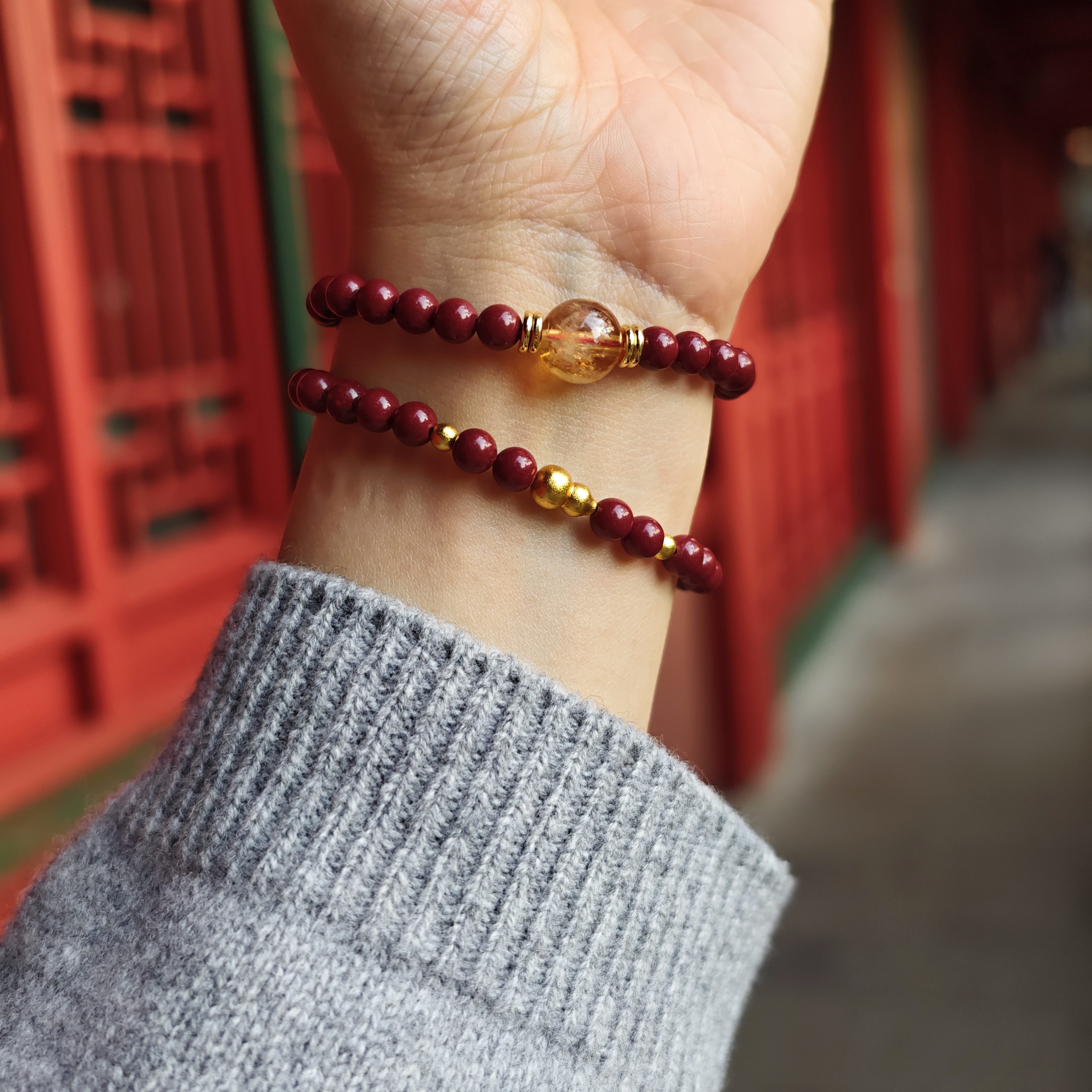 国风单圈手串高含量朱砂女款本命年6mm+ 手串搭配黄阿赛/沙金葫芦