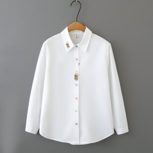 春季 胖mm大码 女士长袖 白衬衫 刺绣胖妹妹遮肚子打底衬衣200斤 女装