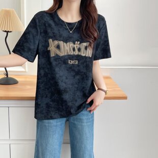 宽松显瘦圆领女士扎染字母印花短袖 夏季 T恤上衣200斤 女装 胖mm大码