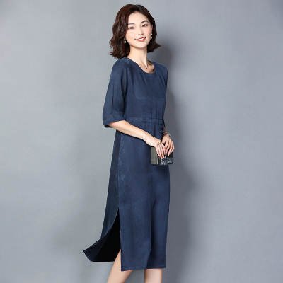 真铜氨丝妈妈连衣裙七分短袖长裙