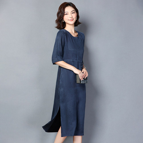 重磅真铜氨丝妈妈装宽松显瘦气质连衣裙纯色收腰七分袖短袖长裙夏 - 封面