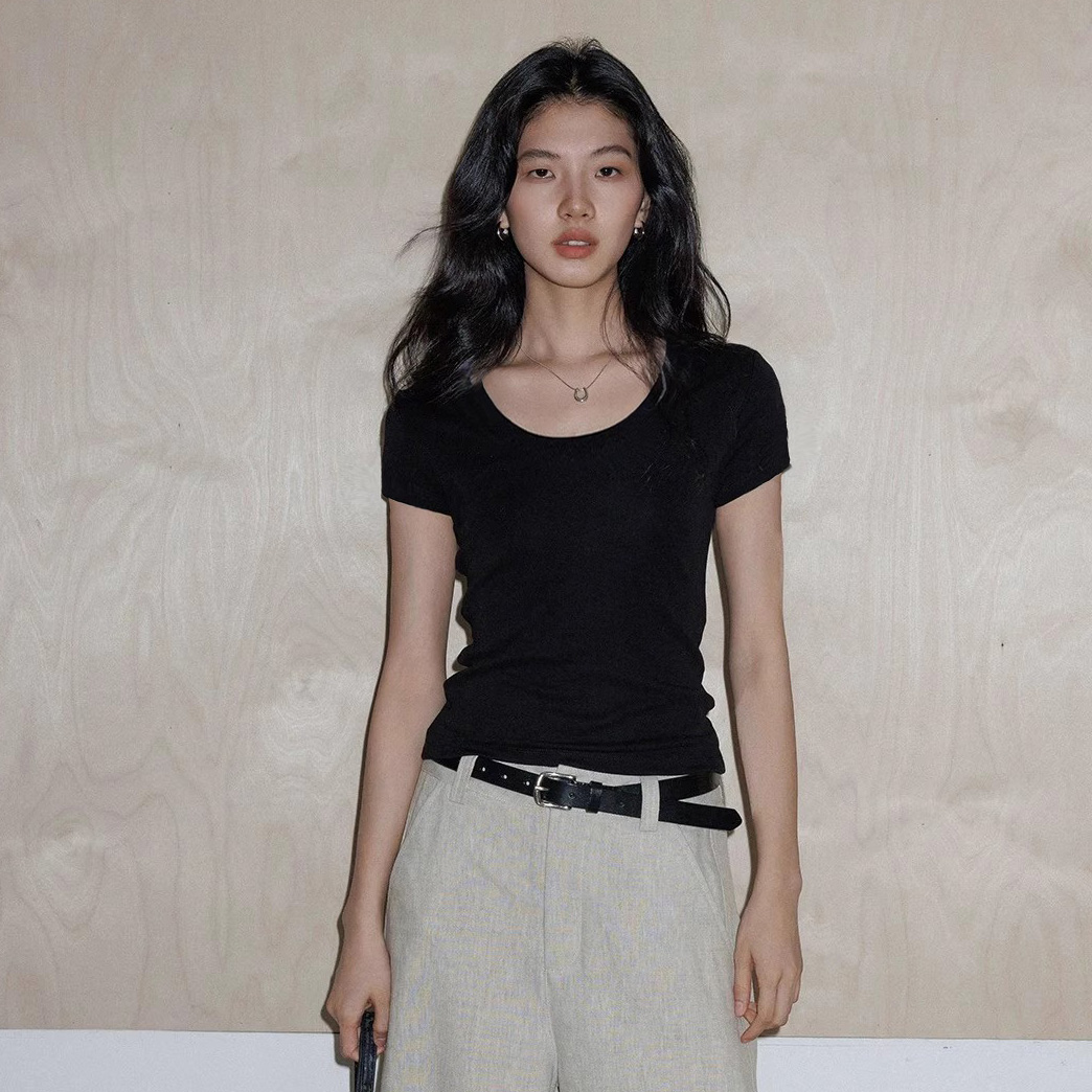 莱赛尔圆领T恤女夏季短袖2025新款正肩修身弹力基础款百搭上衣