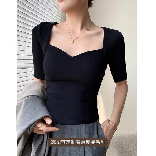 中袖法式T恤女显瘦V领罗纹