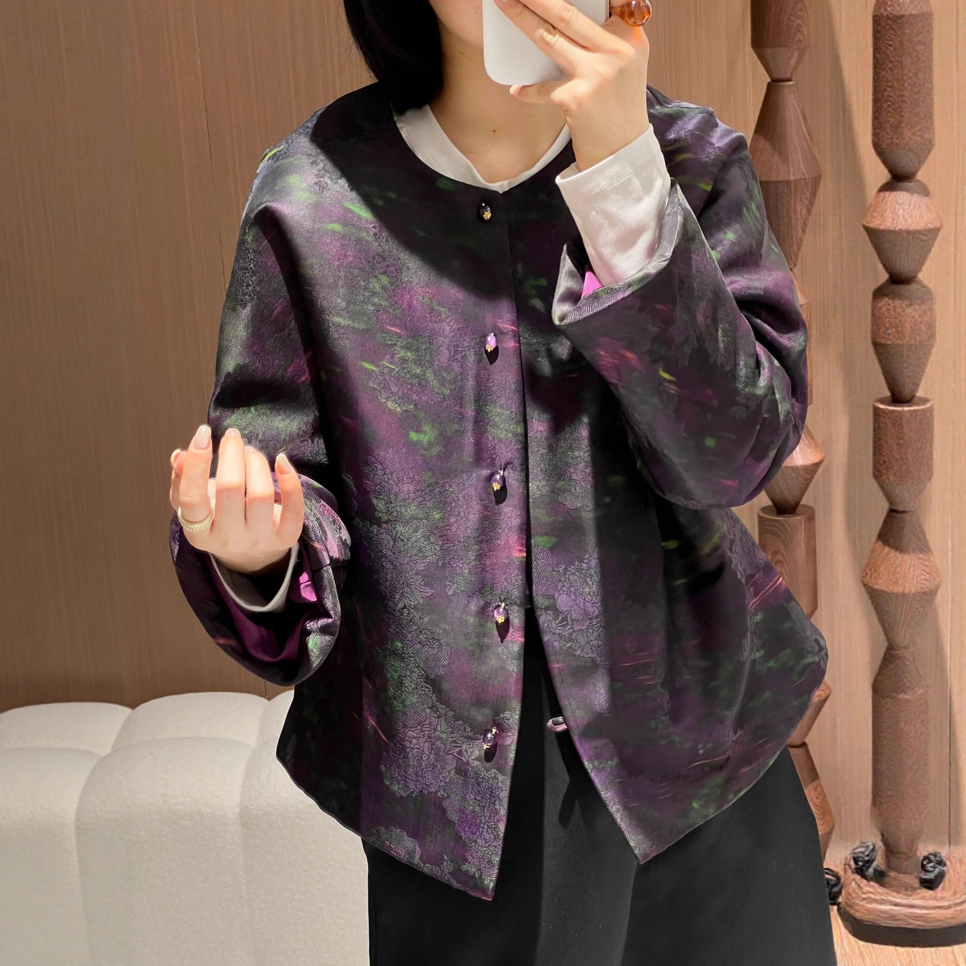 2025年冬款新中式真丝香云纱短款夹棉棉服气质百搭加厚外套不退换