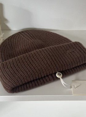 AIM标~100%WOOL纯羊毛针织帽美拉德棕保暖粗毛线帽子男女秋冬