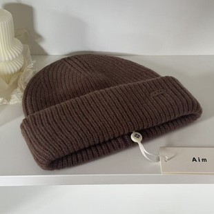AIM标 100%WOOL纯羊毛针织帽美拉德棕保暖粗毛线帽子男女秋冬