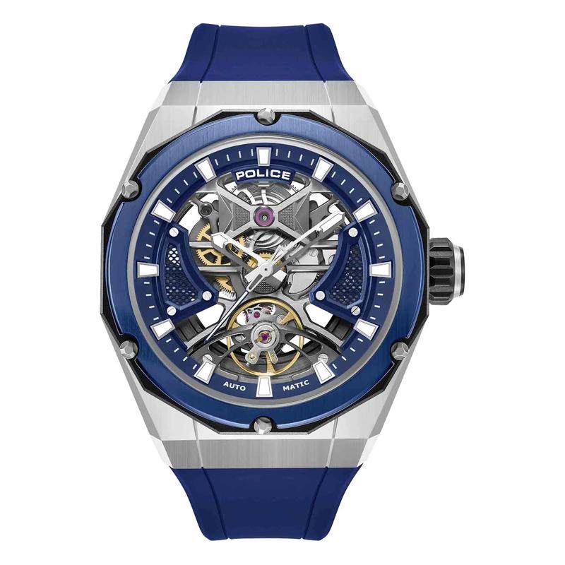 代购POLICE男士腕表自动上链夜光指针日期显示防水蓝色硅胶带