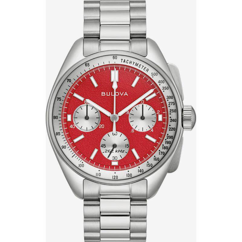 海外代购BULOVA/宝路华男士石英表三眼计时测速刻度钢带红色表盘