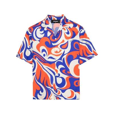 Dsquared2短袖翻领衬衫男抽象图案商务休闲正装通勤衬衣