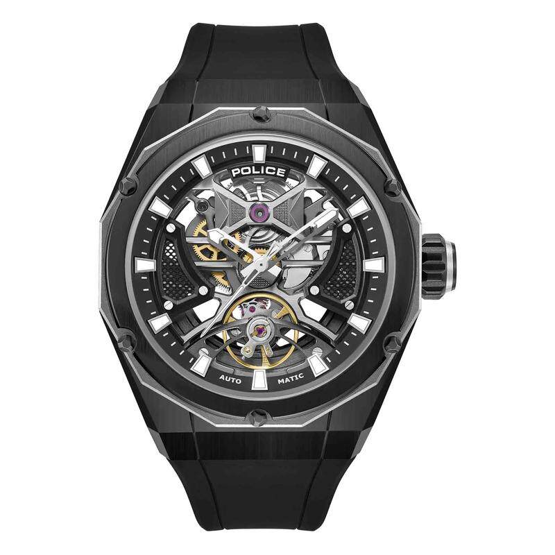 代购POLICE男士腕表自动上链夜光指针日期显示防水黑色镂空
