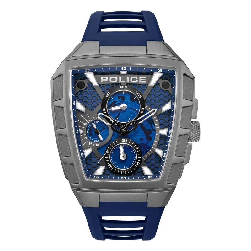 代购POLICE男士腕表日期星期计时夜光蓝色金属橡胶带方形商务
