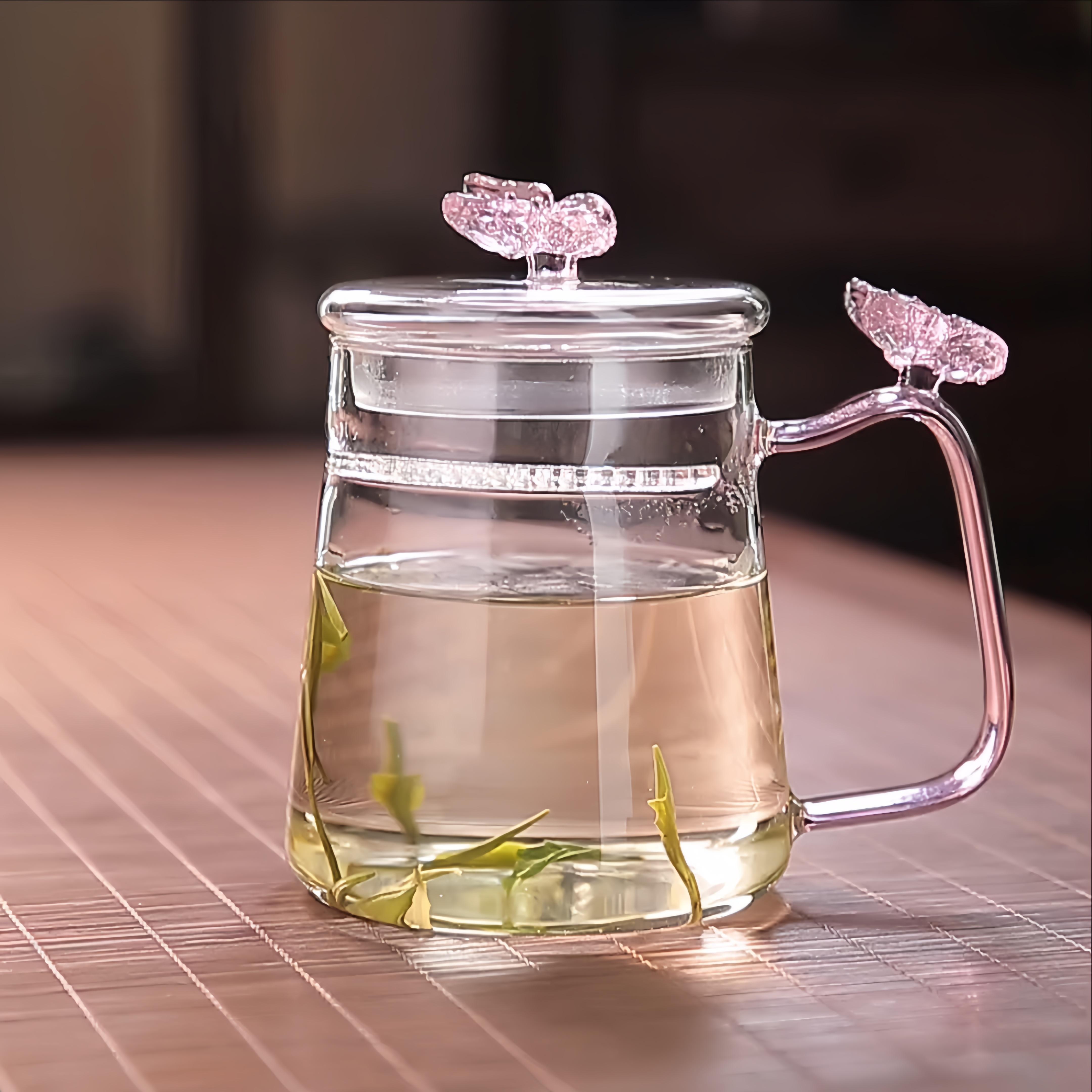 新款带盖月牙杯高颜值杯漏一体简约过滤泡茶杯绿柄耐热玻璃花茶杯