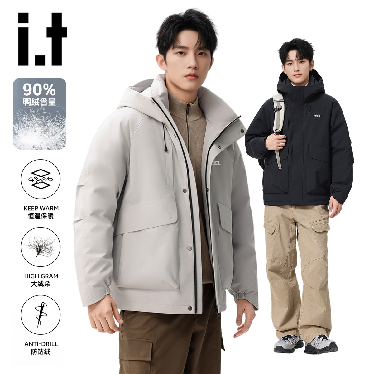 冬新款男款羽绒服机能风连帽冲锋
