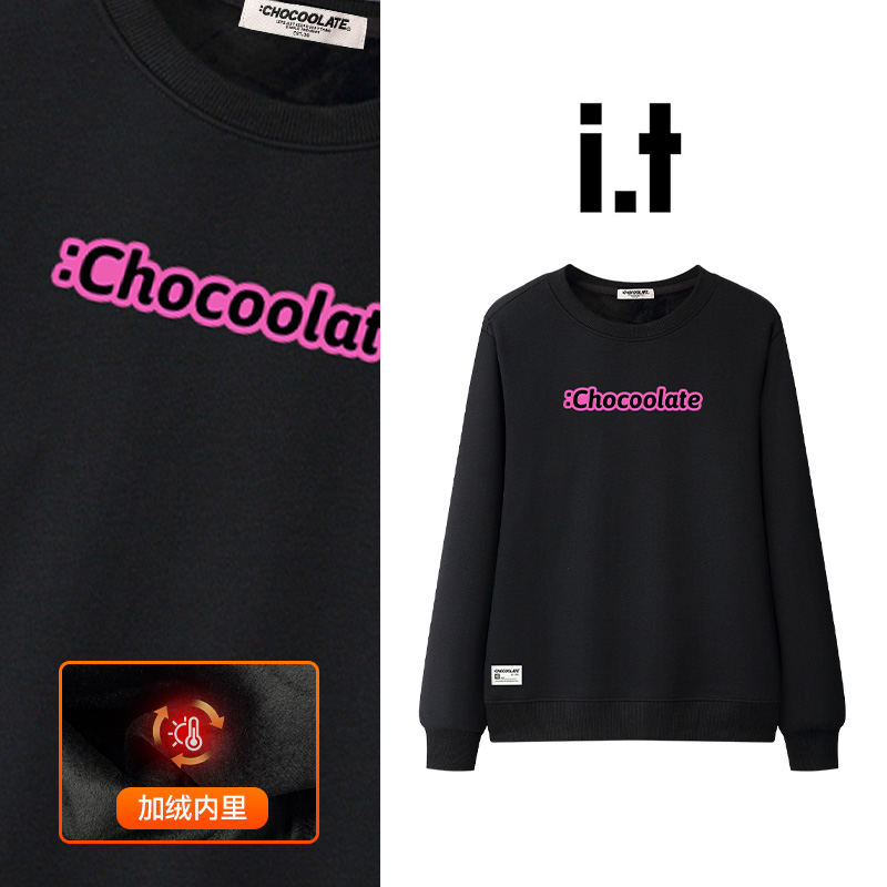 it:CHOCOOLATE加绒加厚字母印花圆领冬季新款卫衣男女装宽松上衣