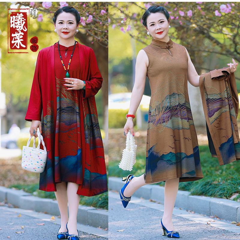 中老年罗马棉妈妈印花连衣裙春夏