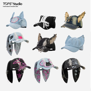 个性原创y2k暗黑立体耳朵牛仔鸭舌帽子女嘻哈街头棒球帽