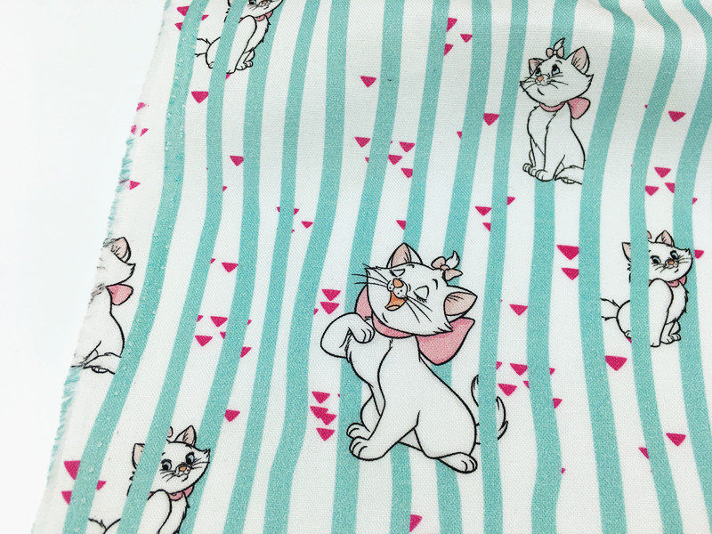 外贸白底绿条纹玛丽猫卡通全棉印花布 diy手工儿童连衣裙单肩包