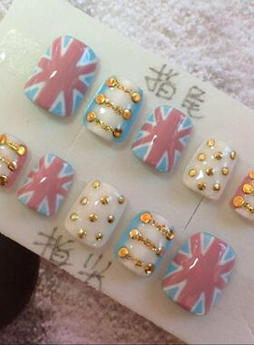 穿戴式方形手工定制光疗甲片金色柳丁假指甲白色美甲成品米字贴片