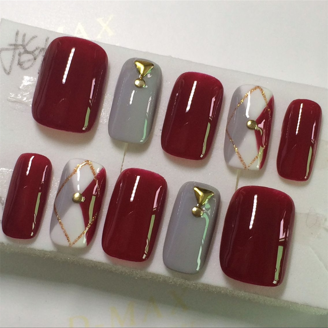 手工定制光疗甲 美甲成品甲片酒红色 美甲成品甲片短款 新娘美甲