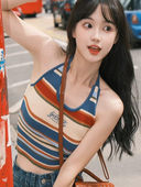 夏季 多巴胺条纹背心三亚旅游搭短款 T恤上衣海边度假拍照挂脖吊带