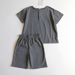 日单男童夏季短袖衬衫短裤套装水洗棉混纺衬衣五分裤男孩子居家服