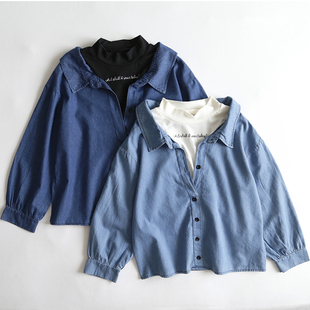 日单日系女儿童纯棉牛仔衬衫拼接长袖衬衣女孩子休闲宽松上衣外套