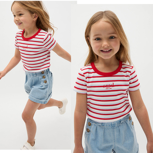 澳S*原尾女童彩条短袖T恤刺绣圆领打底衫女孩子四季通用高弹上衣
