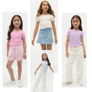 澳SEE*女童四季罗纹短袖T恤百搭刺绣圆领打底衫女孩子高弹力上衣