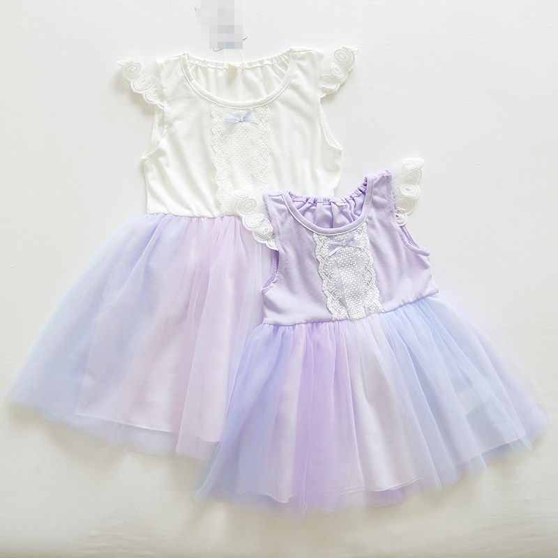 日单夏女童彩虹网纱公主裙蓬蓬裙花瓣纱裙女孩子拼接飞边袖连衣裙