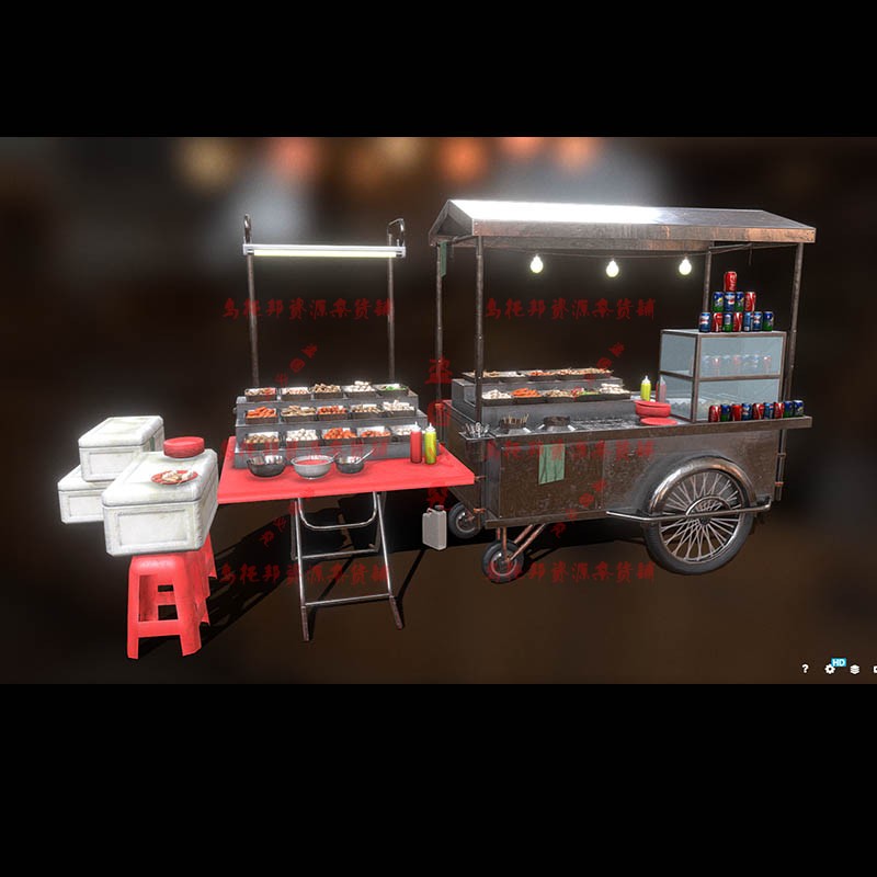 街道路边摊三轮车小吃摊大排档夜宵烧烤美食地摊3Dfbx模型blender