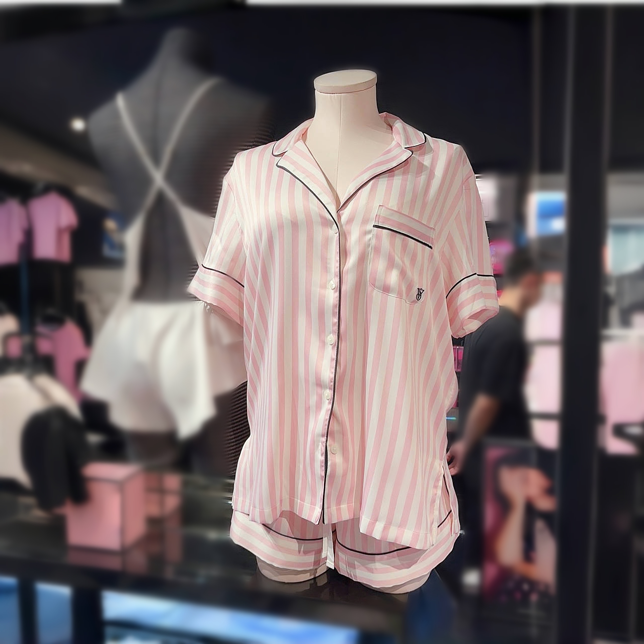 维多利亚的秘密睡衣女 冰丝丝滑短袖短裤缎面套装夏天正品现货