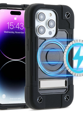 军工防摔磁吸支架手机壳适用苹果14ProMAX全包硅胶iPhone14plus加厚磨砂软胶硬壳三合一14Pro三防铠甲壳