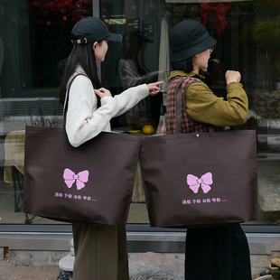 咖啡色环保无纺布手提袋服装 衣服袋子手拎袋按扣袋子定制logo 店装