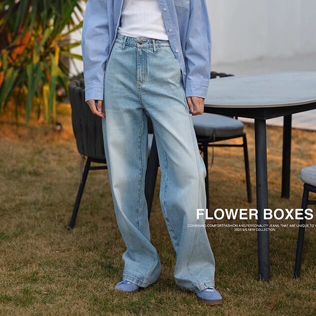 花匣子牛仔裤女T251038秋新款高腰显瘦蓝色复古宽松阔腿拖地裤