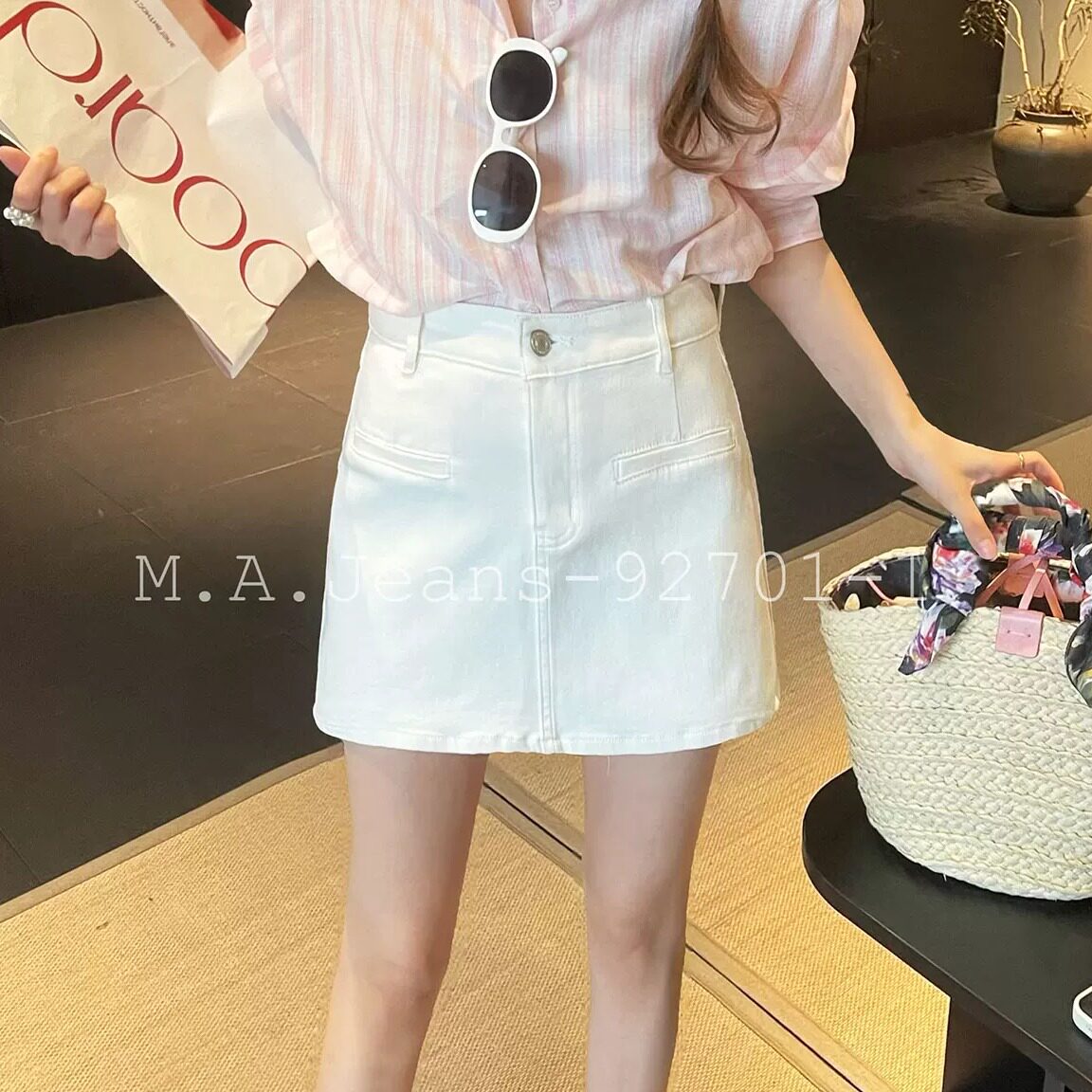 MA牛仔92701三衣辣妹风白色短裙女夏季高腰百搭显瘦A字半身裤裙