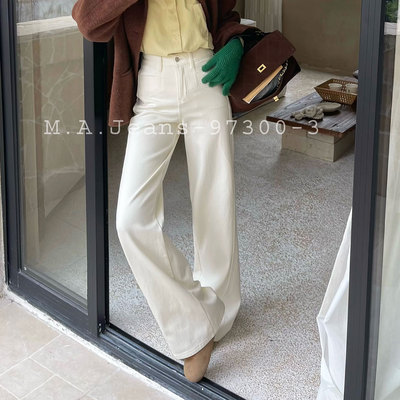 MA牛仔裤女97300-3冬款加绒四面弹高腰白色宽松显瘦直筒阔腿裤