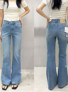 MA牛仔裤2026春款91188四面弹微喇裤女高腰蓝色修身显瘦喇叭裤