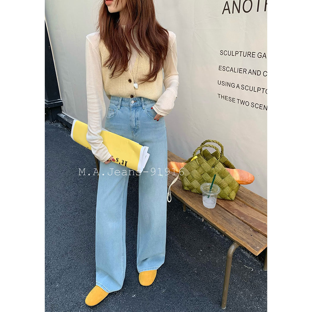 MA牛仔裤女2025夏季新款91916高腰四面弹宽松直筒阔腿拖地长裤