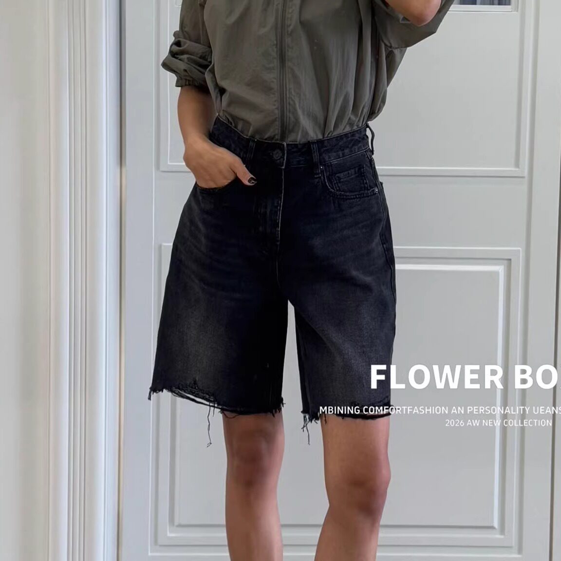 flower花匣子87886复古风宽松牛仔短裤女春夏黑色毛边阔腿五分裤