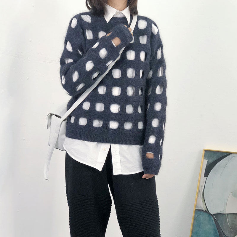 慵懒早秋宽松个性镂空套头毛衣