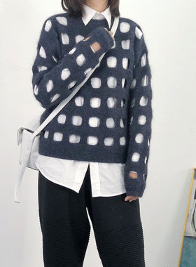 MACQNF早秋宽松慵懒套头毛衣女MQ 32050个性镂空马海毛镂空罩衫